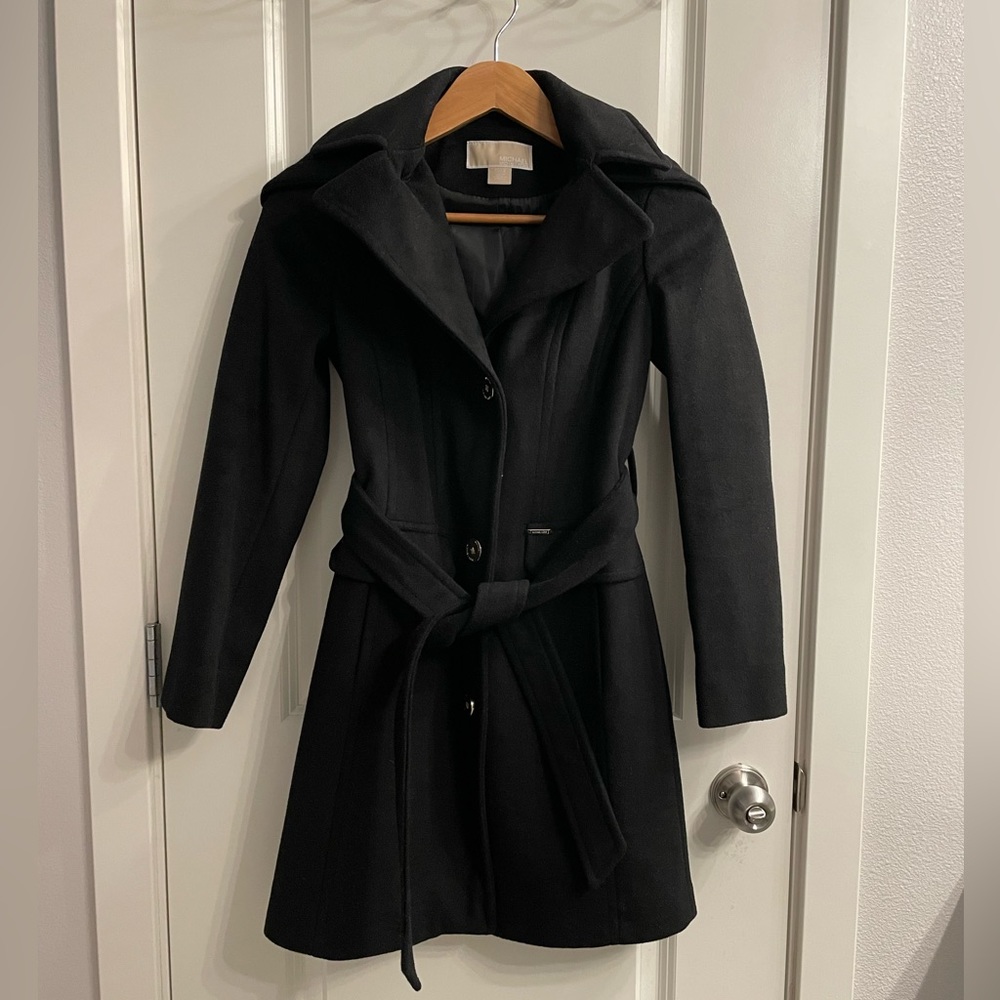 Michael Kors Petite Belted Hooded Coat - Black PXXS